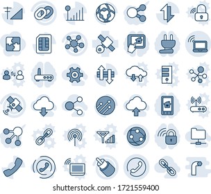 Blue tint and shade editable vector line icon set - wireless notebook vector, phone, satellite, network, share, chain, rca, call, sim, data exchange, cellular signal, gear, folder, download cloud