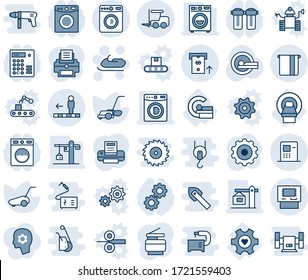 Blue tint and shade editable vector line icon set - washer vector, fork loader, travolator, snowmobile, gear, lawn mower, tomography, mri, heart, atm, printer, copier, crane, water filter, conveyor