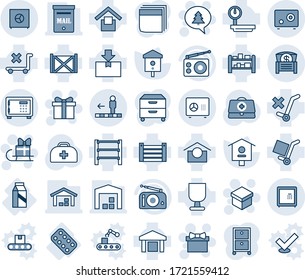 Blue tint and shade editable vector line icon set - safe vector, travolator, gift, merry christmas message, sleigh, bird house, doctor case, pills blister, milk, container, fragile, cargo, package