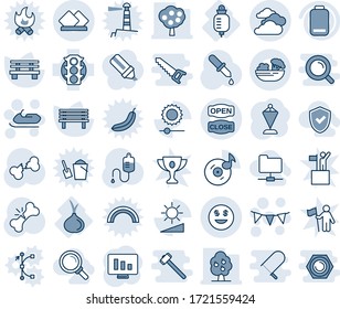 Blue tint and shade editable vector line icon set - clouds vector, snowmobile, flag garland, pennant, statistic monitor, bench, dropper, broken bone, drop counter, onion, traffic light, low battery
