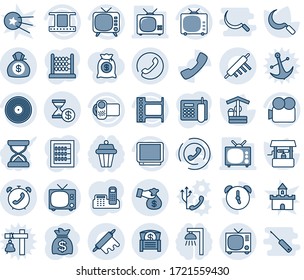 Blue tint and shade editable vector line icon set - tv vector, phone alarm, money bag, well, sickle, film frame, vinyl, video camera, call, chest, encashment, account history, abacus, office, horn