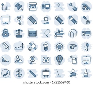 Blue tint and shade editable vector line icon set - ladder car vector, plane radar, trap truck, helicopter, santa sleigh, presentation board, bulb, pencil, garden fork, shovel, well, weight, plan