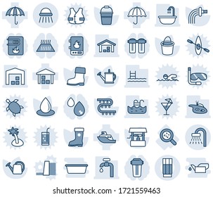 Blue tint and shade editable vector line icon set - shower vector, watering can, bucket, boot, water drop, well, drip irrigation, bacteria, sea shipping, umbrella, warehouse, pond, pool, supply