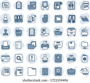 Conjunto de iconos de línea vectorial editable en tonos azules - vector de pasaporte, sello, contrato, enlace de oficina, búsqueda de documentos, impresora, carpeta, noticias, informe anual, estadísticas, portapapeles, clip de papel, bandeja