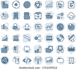 Blue tint and shade editable vector line icon set - antenna vector, growth statistic, crisis graph, document, monitor, reload, folder, barcode, satellite, network, sd, statistics report, account, cd