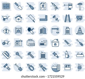 Blue tint and shade editable vector line icon set - barrier vector, border cone, airport building, baggage room, office, trowel, shovel, ladder, wheelbarrow, house, plan, estate document, city, home