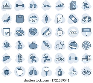 Blue tint and shade editable vector line icon set - plant label vector, pumpkin, seeds, heart pulse, stethoscope, dropper, patch, ambulance car, barbell, bike, run, lungs, caries, implant, diet