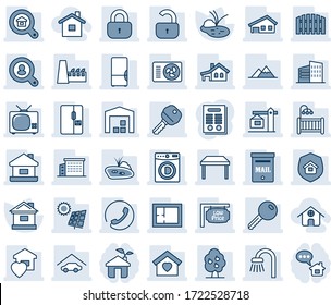 Blue tint and shade editable vector line icon set - house vector, pond, contract, with garage, mailbox, sun panel, fruit tree, mountains, warehouse, fence, plan, low price signboard, office building
