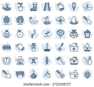 Blue tint and shade editable vector line icon set - flower in pot vector, trowel, garden fork, ripper, rake, ladder, seedling, tree, sproute, glove, boot, butterfly, lady bug, fire, house, sickle