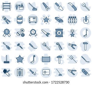 Blue tint and shade editable vector line icon set - passport control vector, safe, metal detector gate, christmas star, trowel, farm fork, rake, pruner, saw, hoe, garden knife, scalpel, oil barrel
