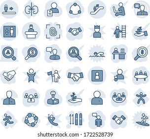 Blue tint and shade editable vector line icon set - escalator vector, reception, elevator, female wc, ski, handshake, speaking man, team, meeting, doctor, patient, kidneys, run, gymnastics, speaker