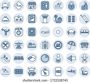 Blue tint and shade editable vector line icon set - airport tower vector, dispatcher, runway, suitcase, arrival, baggage conveyor, trolley, bus, parking, spoon and fork, coffee machine, umbrella