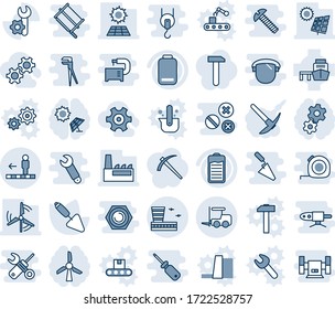 Blue tint and shade editable vector line icon set - fork loader vector, travolator, airport building, trowel, sea port, battery, low, root setup, sun panel, windmill, factory, gear, hard work, job