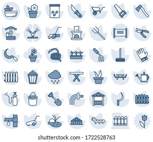 Blauer Farbtint und Farbtöne für die Vektorgrafik - Zaunvektorsymbol, Blume im Topf, Gartengabel, Schaufel, Bauernhof, Rake, Saedling, Wasserkanister, Schubkarren, Eimer, Pruner, Handschuh, Säge, Rasenmäher, Regen