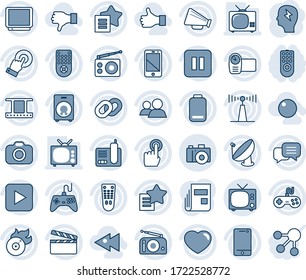 Blue tint and shade editable vector line icon set - tv vector, camera, brainstorm, satellite antenna, clapboard, film frame, flame disk, radio, loudspeaker, gamepad, video, remote control, dialog