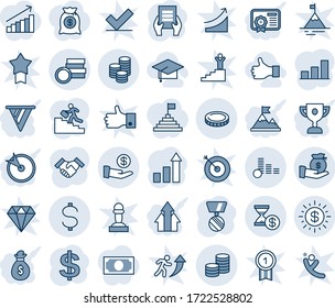 Blue tint and shade editable vector line icon set - growth statistic vector, dollar sign, medal, document, coin, sun, investment, account history, bar graph, handshake, career ladder, graduate hat