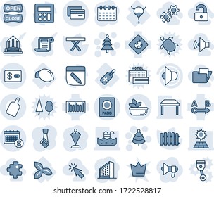 Blue tint and shade editable vector line icon set - passport vector, christmas tree, office building, pennant, calendar, fence, picnic table, medical label, lemon, three leafs, bladder, flammable