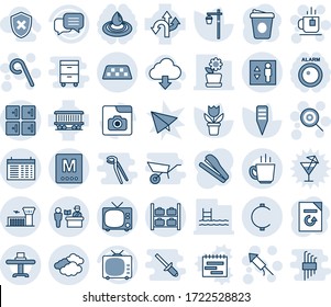 Blue tint and shade editable vector line icon set - taxi vector, passport control, tv, clouds, luggage storage, airport building, checkroom, elevator, schedule, lollipop, firework rocket, tea, route