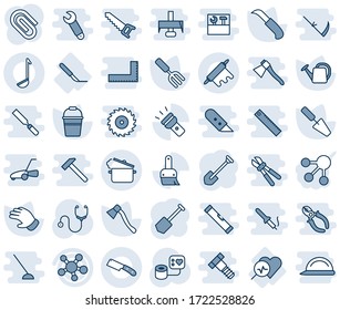 Blue tint and shade editable vector line icon set - job vector, trowel, garden fork, watering can, bucket, glove, knife, axe, stethoscope, blood pressure, heart diagnosis, scalpel, share, themes