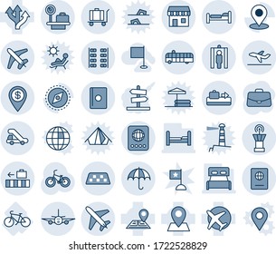 Blue tint and shade editable vector line icon set - plane vector, taxi, baggage conveyor, passport, bed, luggage scales, airport tower, departure, bus, metal detector gate, insurance, duty free, pin