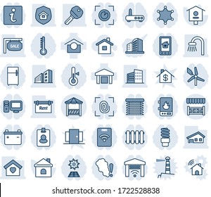 Blue tint and shade editable vector line icon set - house vector, bird, warehouse storage, with garage, sale, rent, office building, key, bathroom, sweet home, estate insurance, alcove, fingerprint
