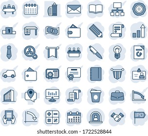 Blue tint and shade editable vector line icon set - reception vector, handshake, contract, mail, office building, identity card, growth statistic, book, case, calculator, pennant, desk, pen, notepad