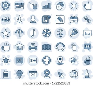 Blue tint and shade editable vector line icon set - plane radar vector, christmas tree, star, calendar, bow message, coffee, stamp, statistics, earth, umbrella, warehouse, flame disk, notes, safe