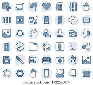 Blue tint and shade editable vector line icon set - male vector, train, phone, mobile, fence, bucket, heart, sun, satellite, radio, settings, low battery, gallery, record, sd, sim, folder, cut, pen