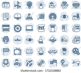 Blue tint and shade editable vector line icon set - airport tower vector, plane, trap truck, document, tree, well, eye, heart care, heavy scales, news, themes, account, office phone, notebook pc, tv
