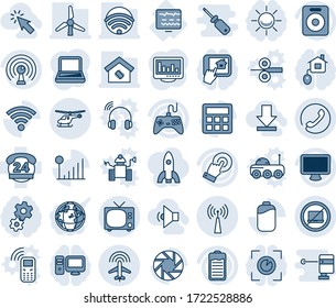 Blue tint and shade editable vector line icon set - no laptop vector, tv, helicopter, plane radar, antenna, phone, diagnostic monitor, 24 hours, gamepad, touch screen, speaker, battery, calculator