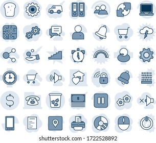 Blue tint and shade editable vector line icon set - trash bin vector, gear, office binder, mouse, circle chart, printer, support, clock, laptop pc, group, pause button, mobile, settings, user, alarm