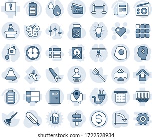 Blue tint and shade editable vector line icon set - reception vector, stamp, flight table, vip zone, heart, crisis graph, brainstorm, farm fork, rake, saw, butterfly, thermometer, pills bottle, news