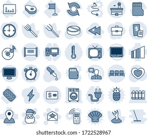 Blue tint and shade editable vector line icon set - fence vector, alarm clock, tv, waiting area, airport building, santa claus, star letter, farm fork, sproute, heart, dropper, pills, blister, meat