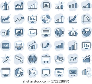 Blue tint and shade editable vector line icon set - growth statistic vector, presentation board, crisis graph, monitor, circle chart, statistics, report, account, bar, pie, point, arrow up, arrows