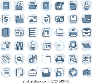 Tinta azul y sombra editable conjunto de iconos de línea vector - vector de identidad, sello, pasaporte, contrato, enlace de oficina, búsqueda de documentos, bloc de notas, recarga, impresora, recibo, noticias, carpeta, clip de papel, lista de verificación