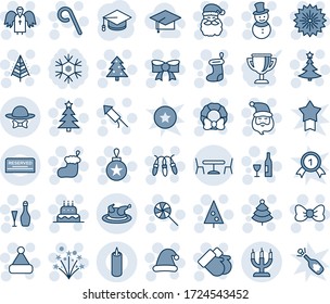 Blue tint and shade editable vector line icon set - cafe vector, christmas tree, firework, bow, santa claus, sock, garland, ball, gloves, snowman, lollipop, hat, rocket, wreath, angel, cake, wine
