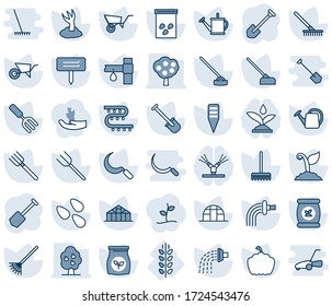 Blue tint and shade editable vector line icon set - job vector, garden fork, shovel, farm, rake, watering can, wheelbarrow, sproute, hoe, sickle, plant label, pumpkin, greenhouse, seeds, fertilizer