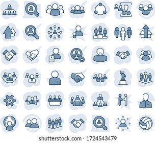 Blue tint and shade editable vector line icon set - handshake vector, hierarchy, pedestal, team, patient, group, user, company, hr, meeting, client search, gear, consumer, community, man globe, star