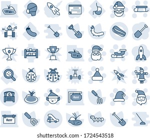 Blue tint and shade editable vector line icon set - trap truck vector, santa claus, christmas hat, sleigh, elf, job, garden fork, shovel, lady bug, caterpillar, pond, bacteria, stomach, medical mask