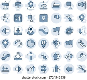 Blue tint and shade editable vector line icon set - elevator vector, escalator, signpost, left arrow, wind, radar, up, down, side, route, pin, download, place tag, compass, dollar, cursor, right