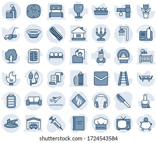 Blue tint and shade editable vector line icon set - departure vector, tv, waiting area, baby room, vip, contract, flower in pot, ladder, tree, lawn mower, fire, seedling, picnic table, syringe, rca