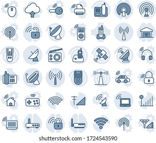 Conjunto de iconos de línea de vector editable de tonos azules y sombras - vector de antena, satélite, portátil inalámbrico, teléfono de oficina, radio, control remoto, señal celular, nube de carga, bloqueo, enrutador, puerta de garaje, wi fi
