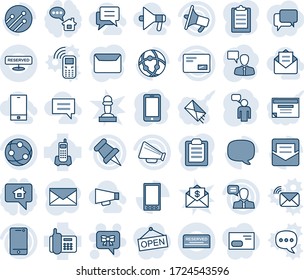 Blue tint and shade editable vector line icon set - bow message vector, mobile phone, speaking man, mail, office, loudspeaker, network, cell, speaker, paper pin, clipboard, reserved, opened, chat