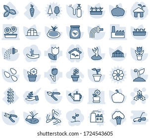 Blue tint and shade editable vector line icon set - holly vector, flower in pot, seedling, watering can, sproute, pruner, pumpkin, greenhouse, seeds, pond, garden sprayer, fertilizer, three leafs