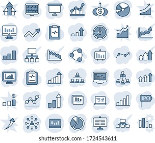Blue tint and shade editable vector line icon set - growth statistic vector, hierarchy, presentation board, monitor, circle chart, pulse, clipboard, statistics report, account, bar graph, pie, point