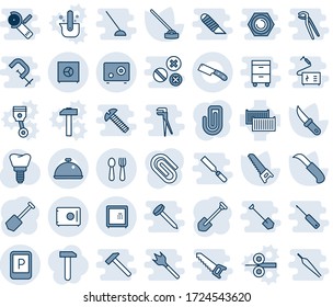 Blue tint and shade editable vector line icon set - parking sign vector, spoon and fork, job, saw, hoe, garden knife, implant, cargo container, safe, paper clip, dish, work, piston, casting of steel