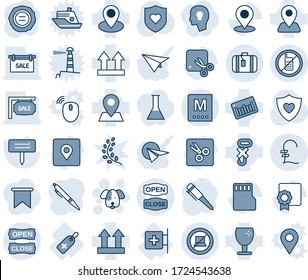 Blue tint and shade editable vector line icon set - no mobile vector, suitcase, computer sign, dog, pen, stamp, plant label, heart shield, first aid room, medical, navigation, pin, fragile, up side