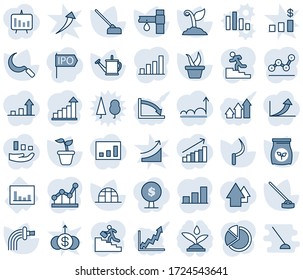 Blue tint and shade editable vector line icon set - growth statistic vector, seedling, watering can, sproute, hoe, sickle, greenhouse, fertilizer, drip irrigation, statistics, bar graph, pie, point