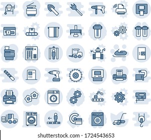 Blue tint and shade editable vector line icon set - washer vector, fork loader, coffee machine, metal detector gate, travolator, snowmobile, gear, lawn mower, mri, atm, printer, copier, water filter