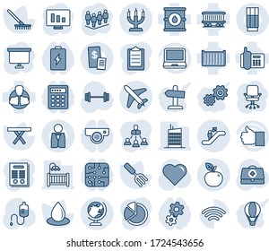 Blue tint and shade editable vector line icon set - plane vector, escalator, globe, office chair, team, presentation board, statistic monitor, garden fork, rake, water drop, picnic table, heart